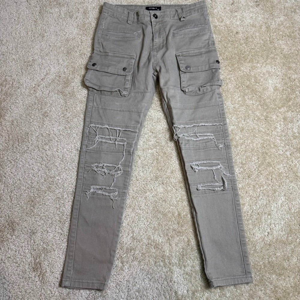 Kayden K Cargo Jeans Mens 30x30 Tan Distressed Slim Fit Stacked Punk Denim